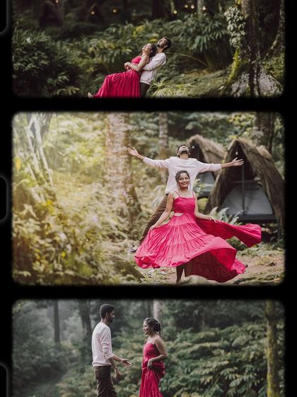 A creative collage with a film-strip effect, showing a couple's romantic pre-wedding moments in a forest setting.