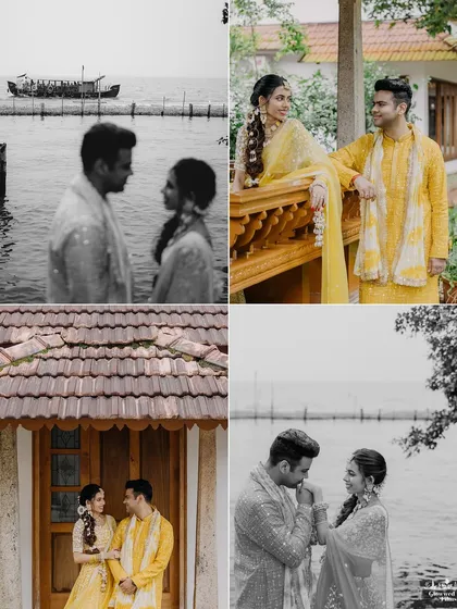 A collage of romantic and candid couple portraits from their Haldi day, set against the serene backwaters, showcasing their connection.