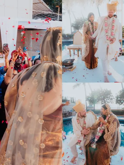 A collage capturing the vibrant atmosphere of a poolside wedding ceremony, from the shower of petals to the couple's joyful interactions. This shows our ability to document multiple moments of a dynamic event.