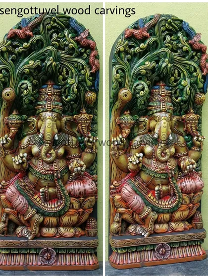 A pair of 36-inch Ganesha panels with an intricate 'jolly' or lattice-work background. The vibrant, multi-colored finish makes these pieces exceptionally lively and decorative, perfect for a festive or colorful interior.