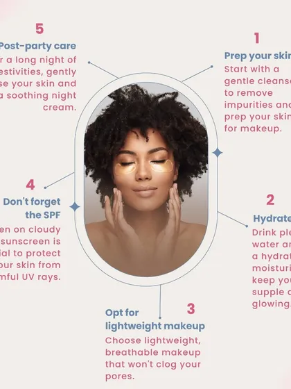 Don't let festivities take a toll on your skin. Follow these five essential tips for a glowing complexion: prep your skin, hydrate, use lightweight makeup, never forget SPF, and practice gentle post-party care.