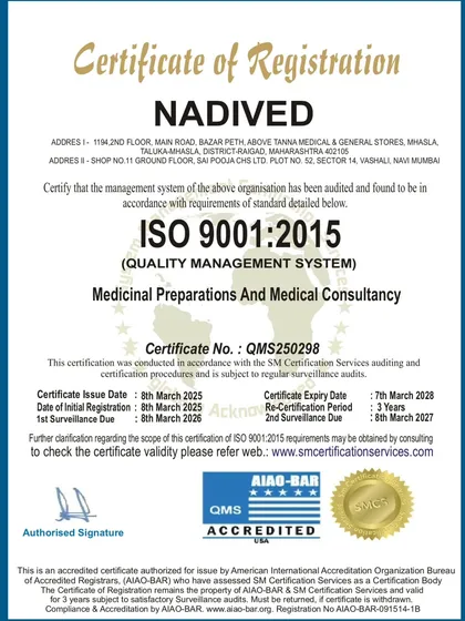 I am proud that my clinic and medicinal preparations are ISO 9001:2015 certified. This reflects my commitment to maintaining the highest standards of quality and authenticity in every product and consultation.