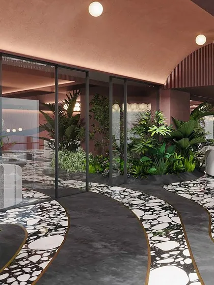 A view of the "Spiced Martini" lounge, where a path of black and white terrazzo winds through lush green islands, creating an illusion of continuous movement.