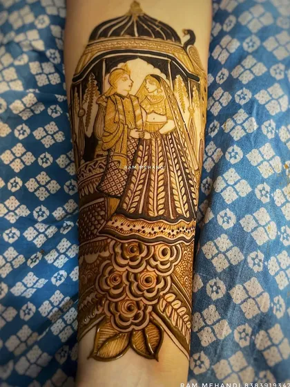 A beautiful portrait of a couple in a doli, drawn on the forearm. This is a classic wedding scene that I can customize with details specific to the bride and groom.