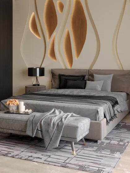 This bedroom design features a custom accent wall with organic, flowing shapes and integrated backlighting. The neutral color palette and soft textures create a serene and sophisticated atmosphere, perfect for relaxation.