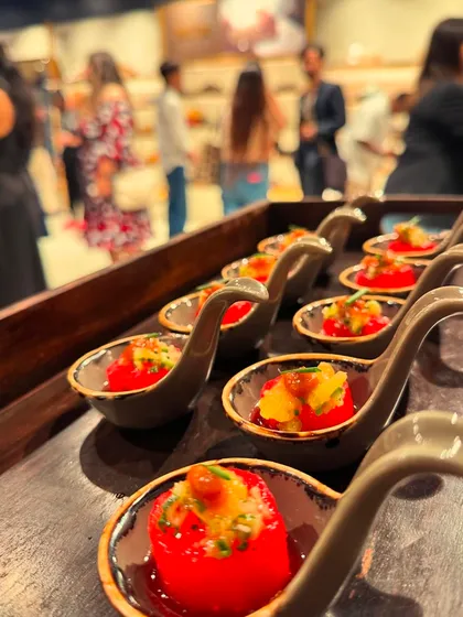 A tray of our cherry tomato canapés ready to be served at the Birkenstock event. We believe in food that is unpretentious and lets the deliciousness speak for itself, just like a good pair of Birkies.