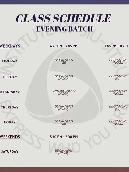 The evening batch schedule, outlining our beginner classes in both Gi and No-Gi, as well as a dedicated women-only class on Wednesdays.