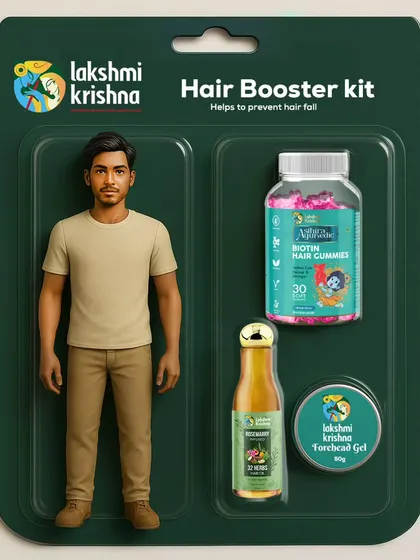 Our Hair Booster Kit is designed to be a complete system to prevent hair fall. This creative graphic shows the three key products: our 32 Herbs Hair Oil, Biotin Hair Gummies, and Forehead Gel, all packaged together to help you defend your crown.