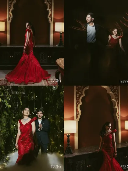 A collage of glamorous evening portraits taken at the Fairmont and Raffles hotels in Jaipur, showcasing the royal and romantic ambiance of a palace wedding.