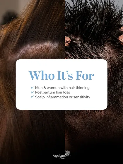 My treatments are designed for a wide range of concerns. This graphic clearly outlines who can benefit, whether you are a man or woman experiencing hair thinning, dealing with postpartum hair loss, or suffering from scalp inflammation and sensitivity.