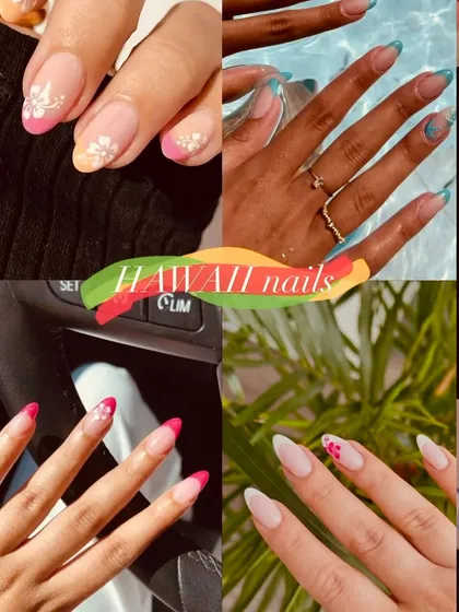 "Hawaii nails" inspo, with tropical flowers and bright, sunny colors.