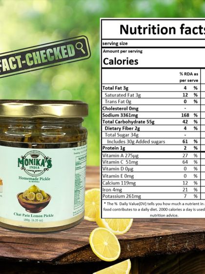 Here are the nutrition facts for my Chat Pata Lemon Pickle. I believe in being open about my ingredients so you can enjoy every bite with confidence.