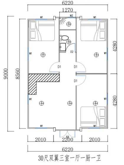 A detailed floor plan for a 30ft container home, demonstrating how we can fit three bedrooms, a kitchen, and a bathroom into a compact footprint. This showcases our expertise in space optimization.