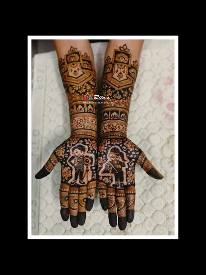 The full view of the profession-themed engagement mehendi, combining personalized figures with intricate floral and geometric patterns.
