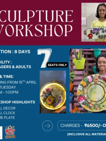 Unleash your creativity in our hands-on Sculpture Workshop, open to both teenagers and adults. Over eight days, you will learn to craft beautiful, functional art pieces like a custom wall clock and a personalized nameplate, with all materials included. It's a wonderful way to de-stress and create something you can be proud of.