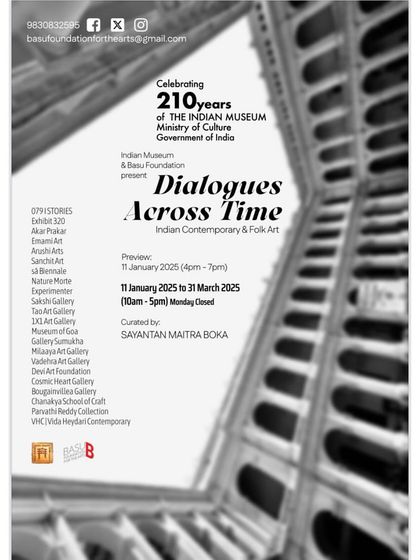 The gallery partner list for the 'Dialogues Across Time' exhibition, showing Gallery Sumukha among other prestigious institutions.