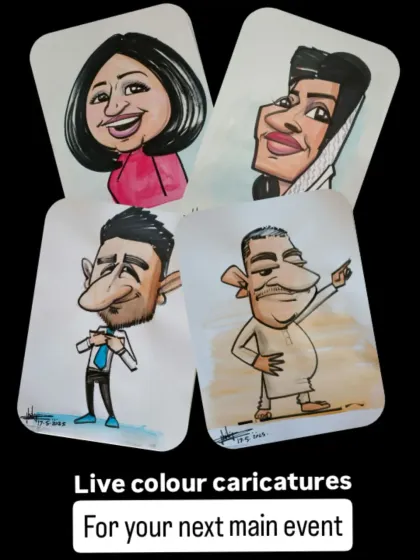 A collage of my live color caricatures, showing the variety of faces and styles I can create for any event.
