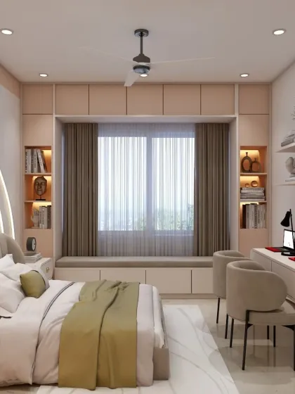This view shows the window seat with built-in storage, a perfect spot for reading or relaxing. The design makes excellent use of the natural light and space.