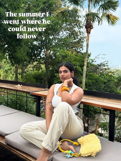 The summer I went where he could never follow. A powerful statement needs a powerful, yet serene, look. Here I am in a white tank top and comfy pants, a simple and chic outfit for a peaceful moment of reflection.