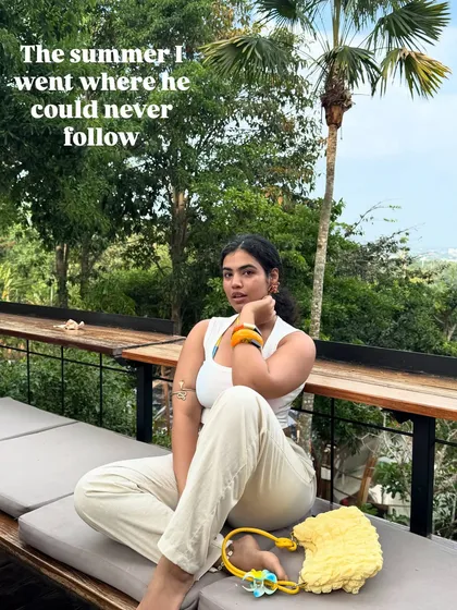 The summer I went where he could never follow. A powerful statement needs a powerful, yet serene, look. Here I am in a white tank top and comfy pants, a simple and chic outfit for a peaceful moment of reflection.