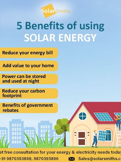 Here are 5 key benefits of using solar energy: reduce your energy bill, add value to your home, store power for night use, reduce your carbon footprint, and benefit from government rebates.