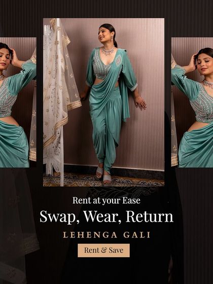Swap, wear, return. This beautiful sea-green dhoti-style drape saree is a comfortable and incredibly stylish rental for a mehendi or sangeet.