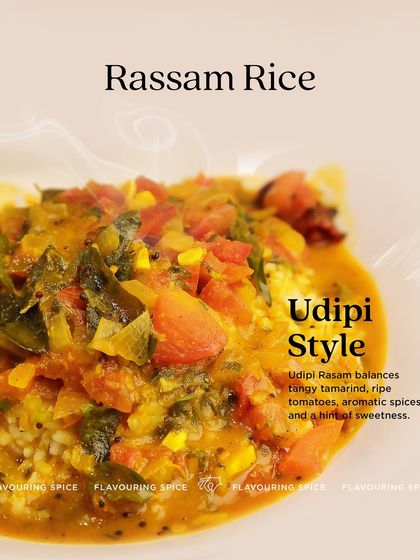 A close-up of Udupi-style Rasam Rice, a dish that perfectly balances tangy tamarind, ripe tomatoes, and aromatic spices. My masala blend is key to achieving this harmonious flavour.