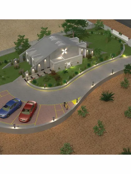 An aerial 3D visualization demonstrating our resort master planning services. This view shows how we orchestrate the relationship between the main structure, parking, and landscaping to create a seamless and intuitive guest journey from arrival to entrance.