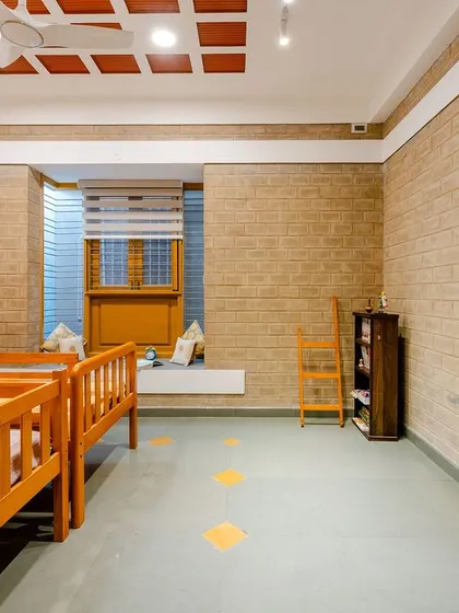 The bedroom layout, showing the use of Kota stone flooring with Jaisalmer stone inlays.