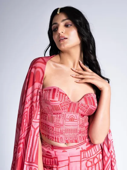 A close-up shot showing the soft, warm tones of the makeup for this Label Shivani Nirupam look.