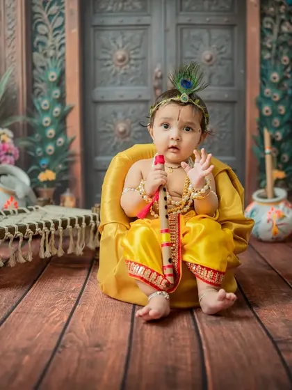A curious baby Krishna sitting in a yellow beanbag chair, holding his flute.