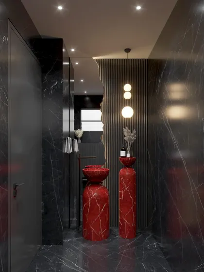 A bold and contrasting powder room concept. This design uses black marble walls as a backdrop for striking, sculptural pedestal sinks in a vibrant red marble, creating a powerful and artistic statement.