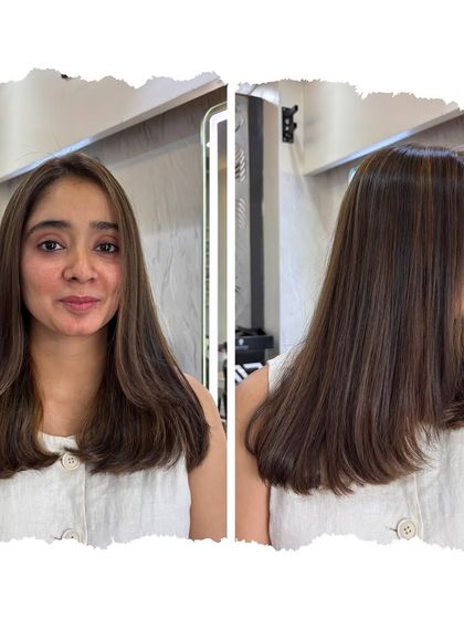 Before and after of our Espresso Brown highlights. The subtle color gives her hair a polished and refined look.
