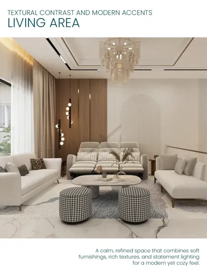 A calm, refined living area that combines soft furnishings, rich textures, and statement lighting for a modern yet cozy feel.