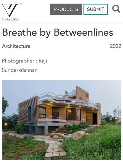 A feature in Volume Zero magazine, recognizing the architectural and ecological merits of the 'Breathe' project. The article details how the house serves as a model for sustainable residential design.