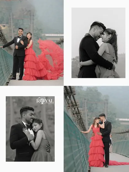 A collage of photos on the bridge, mixing color and black and white to highlight both the vibrant gown and the timeless emotion.