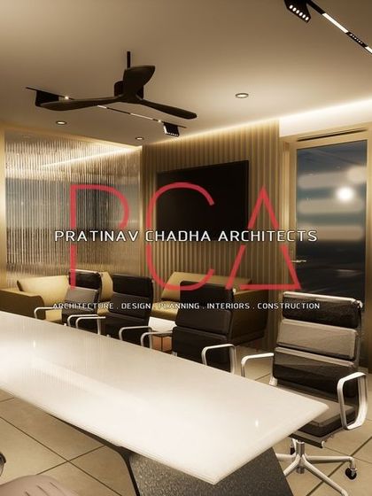 A 3D visualization of a meeting area in the Hari Mandir office.