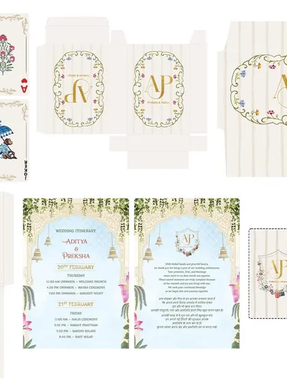 This was my first-ever complete wedding stationery project, and it shows how I can create a cohesive theme across all your print materials. From the main invite and envelope to playing cards and room boxes, every piece is thoughtfully designed with a custom monogram.