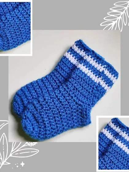 Cozy crochet baby socks in blue with white stripes. I make these in five different sizes, from newborn all the way up to 18 months.