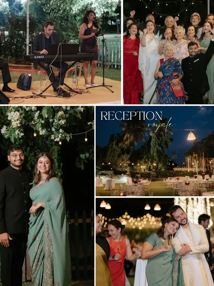 A collage from an intimate "Reception Royale," with live music, family celebrations, and a relaxed, elegant outdoor setting.