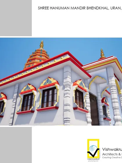 A perspective render of the Hanuman Mandir, highlighting the detailed pillar work and the colorful accents on the window arches.