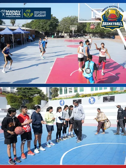 Glimpses from Day 2 of the Manav Rachna Open Senior Basketball Tournament. The courts were alive with skill and determination as teams battled for a spot in the finals.