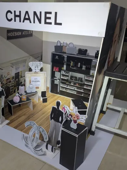 This is what our students can achieve. A successfully completed college-level project: a detailed 3ft x 3ft model of a luxury Chanel showroom, demonstrating skills in spatial design and model making.