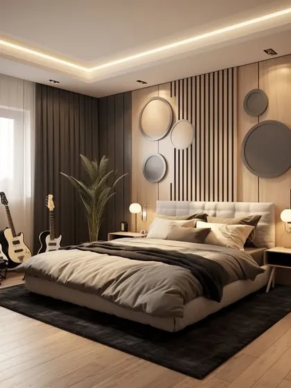 This bedroom design blends modern style with personal hobbies, featuring a wood-paneled accent wall with decorative mirrors. The neutral color scheme and warm lighting create a comfortable and personalized space.
