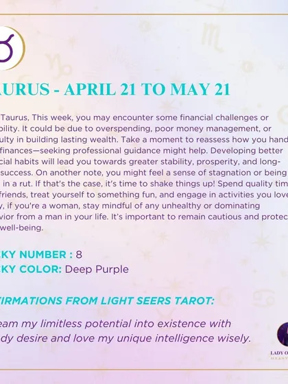 This week's tarot reading for Taurus. You may encounter some financial challenges or instability. Take a moment to reassess how you handle your finances.