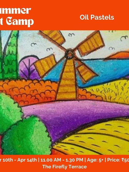 This poster for our summer art camp showcases a vibrant landscape created with oil pastels. I teach the kids blending and layering techniques to make their drawings pop with color.