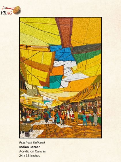 'Indian Bazaar' by Prashant Kulkarni, a vibrant scene where colorful tarps create a canopy over a bustling market street.