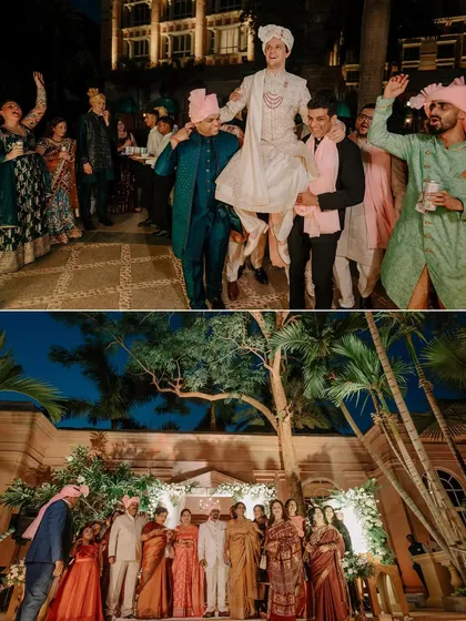 The groom's baraat procession, full of dancing and energy. I capture the excitement of the groom's side as they make their way to the wedding.