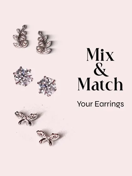 Mix and match your earrings to create your own unique style. This image shows our leaf, solitaire, and dragonfly studs, perfect for layering.