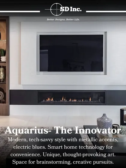 An interior design concept for the Aquarius zodiac sign. This modern, tech-savvy style features metallic accents, electric blues, and thought-provoking art, perfect for the innovative Aquarian.